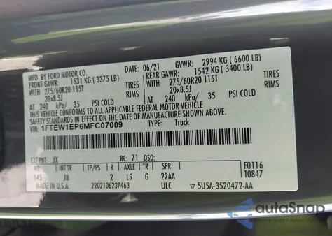 2021 Ford F-150 Xl z USA, uszkodzony, nr VIN 1FTEW1EP6MFC07009